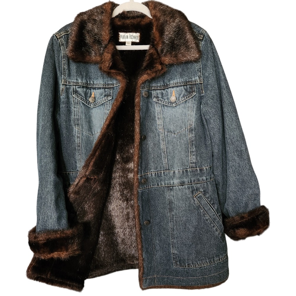 Marvin Richards Penny Lane Denim Coat Faux Fur Lined Jacket Trim Womens L Boho